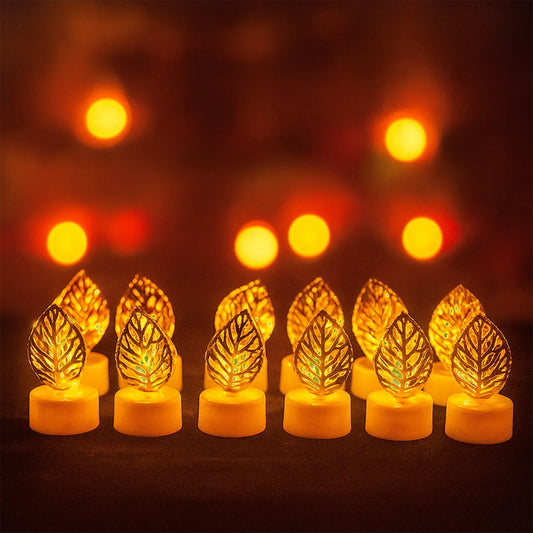 Decorative Golden Leaf Shaped Flameless Led Candles (12 Pc) - Zidbik