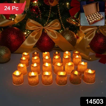 Christmas Premium Glitter Led Tealight Candles Flameless Decorative Lights (24 Pc Set) - Zidbik