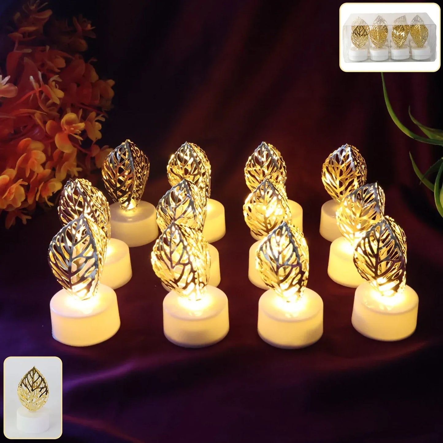 Decorative Golden Leaf Shaped Flameless Led Candles (12 Pc) - Zidbik