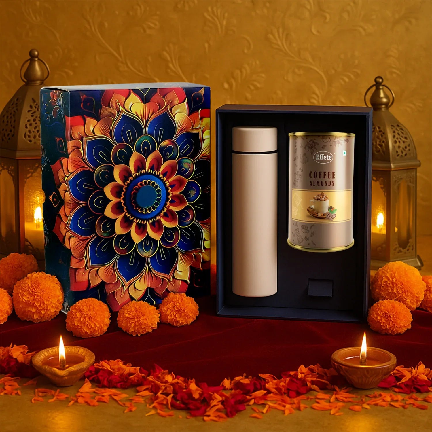 Effete Coffee Almonds Gift Hamper Golden With Bottle (2 Pc Set) - Zidbik