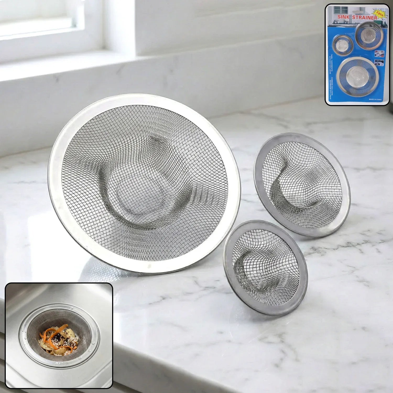 Stainless Steel Sink Drain Strainer Set (3 Pc) - Zidbik