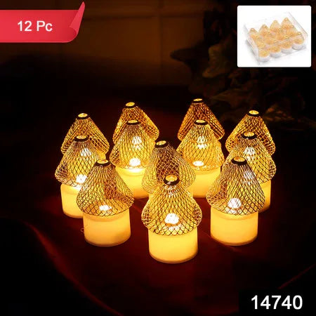 Set Of 12 Decorative Led Flameless Candle Lights With Golden Net Cover - Zidbik