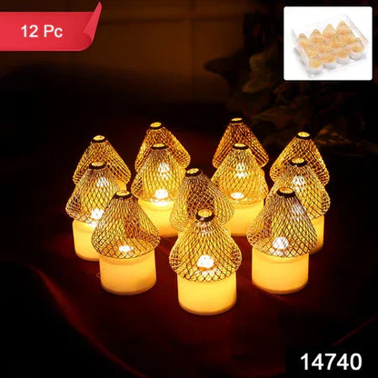 Set Of 12 Decorative Led Flameless Candle Lights With Golden Net Cover - Zidbik