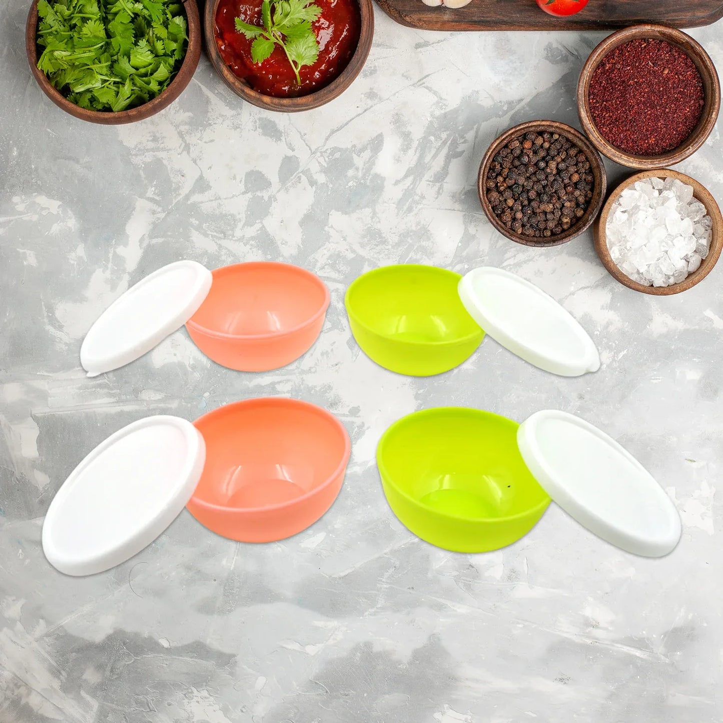 5558 Multipurpose Small Round Plastic Bowl Katori With Lid Microwave Safe Reusable Lightweight Bowl Dishwasher Safe Chutney Bowl (4 Pcs Set) - Zidbik