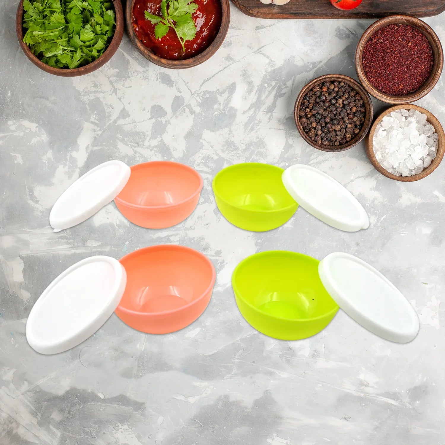 5558 Multipurpose Small Round Plastic Bowl Katori With Lid Microwave Safe Reusable Lightweight Bowl Dishwasher Safe Chutney Bowl (4 Pcs Set) - Zidbik
