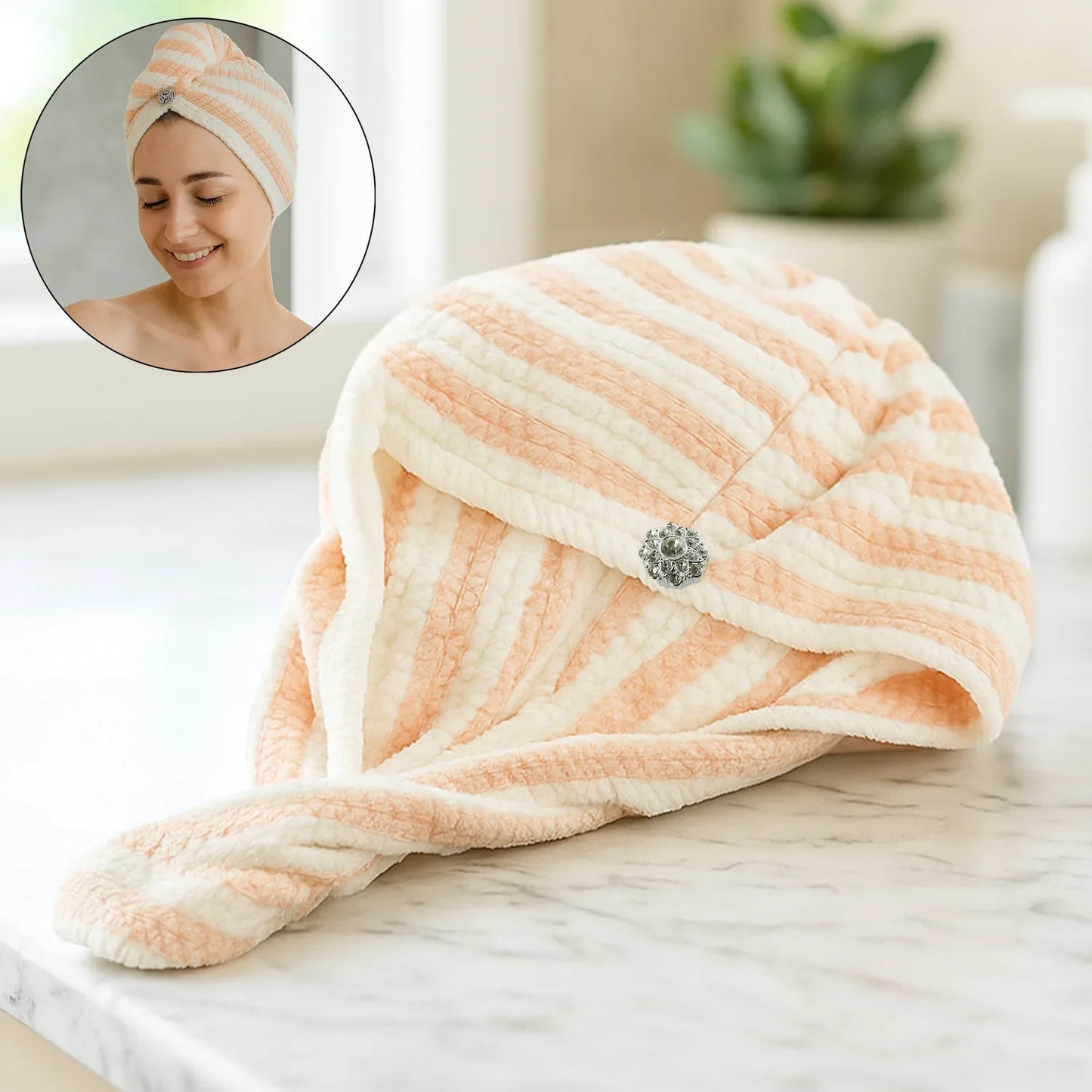 Soft Microfiber Hair Drying Towel Wrap With Cute Teddy Bear Button (1 Pc) - Zidbik