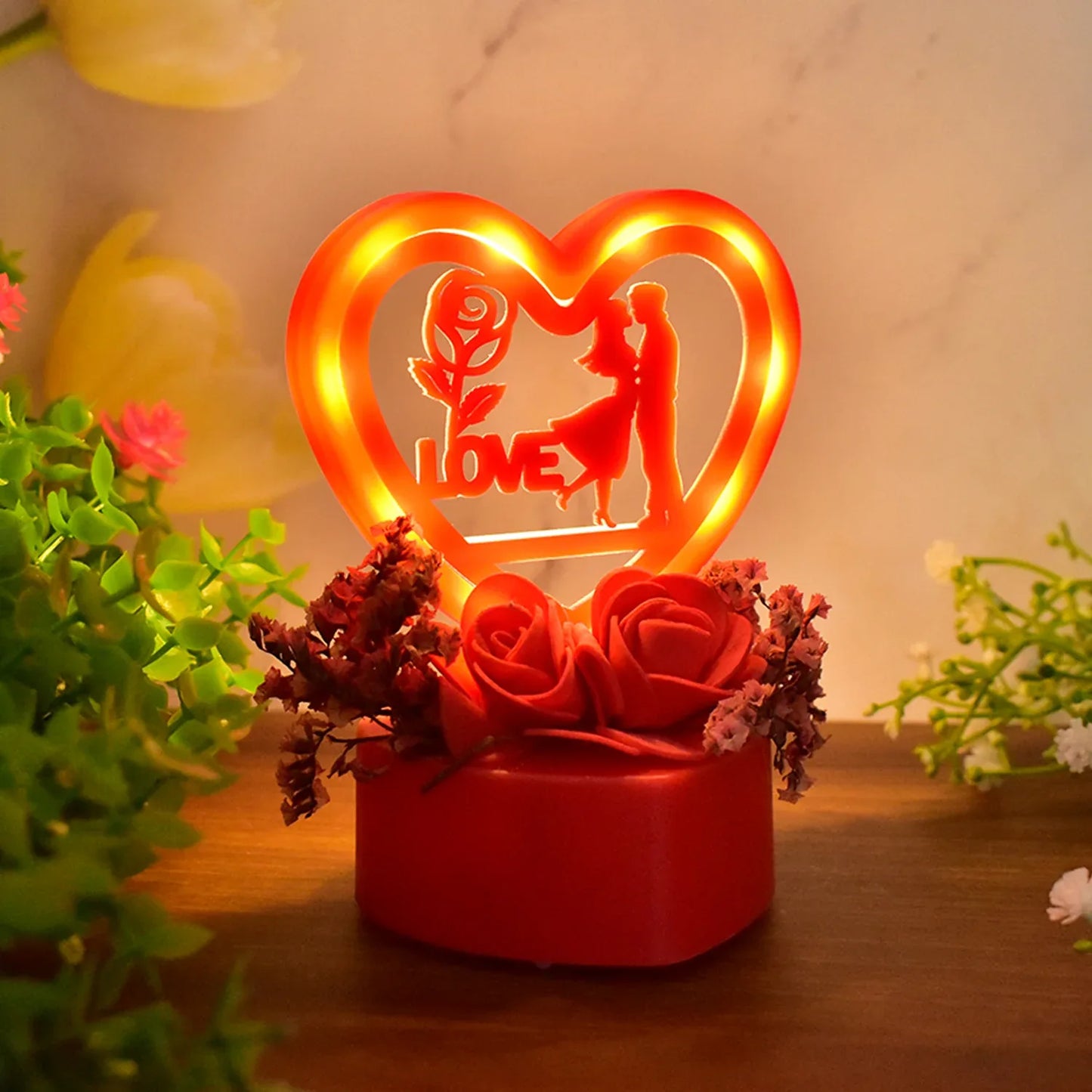 Romantic Heart-shaped Love Couple Decorative Showpiece With Rose Base (1 Pc) - Zidbik
