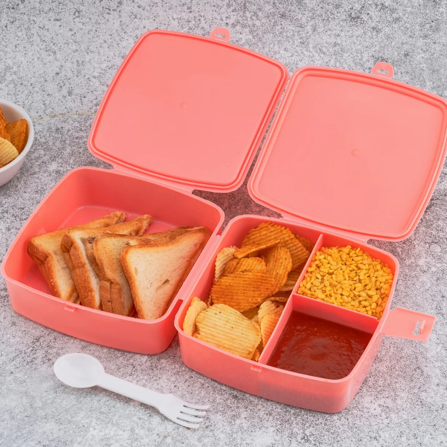 5787 Double-layer Square Lunch Box With Spoon 4 Compartment Tiffin Push Lock Plastic Tiffin Box For Travelling School Kids Office Exclusive Home - Zidbik