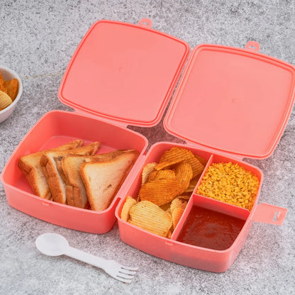 5787 Double-layer Square Lunch Box With Spoon 4 Compartment Tiffin Push Lock Plastic Tiffin Box For Travelling School Kids Office Exclusive Home - Zidbik