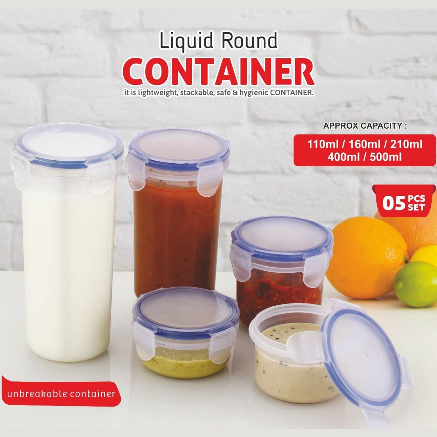 5830 Plastic Liquid Round Airtight Food Storage Container With Leak Proof Locking Lid Bpa Free Container For Kitchen 5 Pcs Set (Transparent  ( Approx Capacity 110 Ml160 Ml210 Ml400 Ml500 Ml) - Zidbik