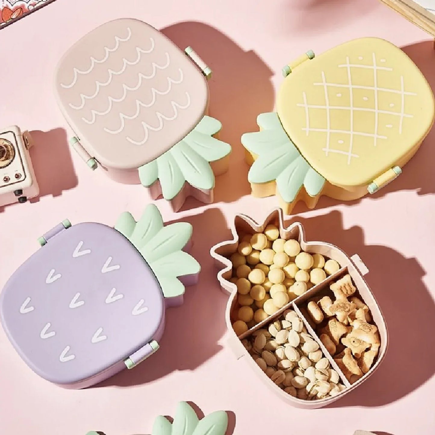 5729 Kids Lunch Box Cute Pineapple Shaped Bento Box With Fork Spoon Snack Candy Container Microwave Portable Office Lunch Box (1 Pc With Spoon Fork Color Box) - Zidbik
