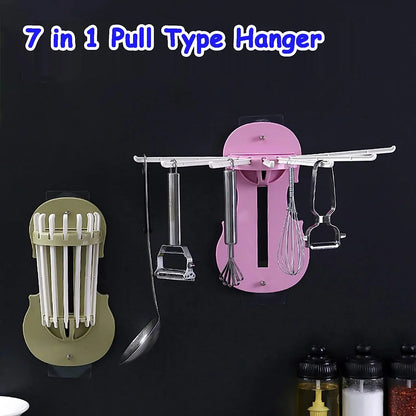 7728 Plastic 7-in-1 Multifunction Retractable Wall-mounted Pull-out Hanger Rack Without Punching Hooks Up For Kitchen Bathroom - Zidbik