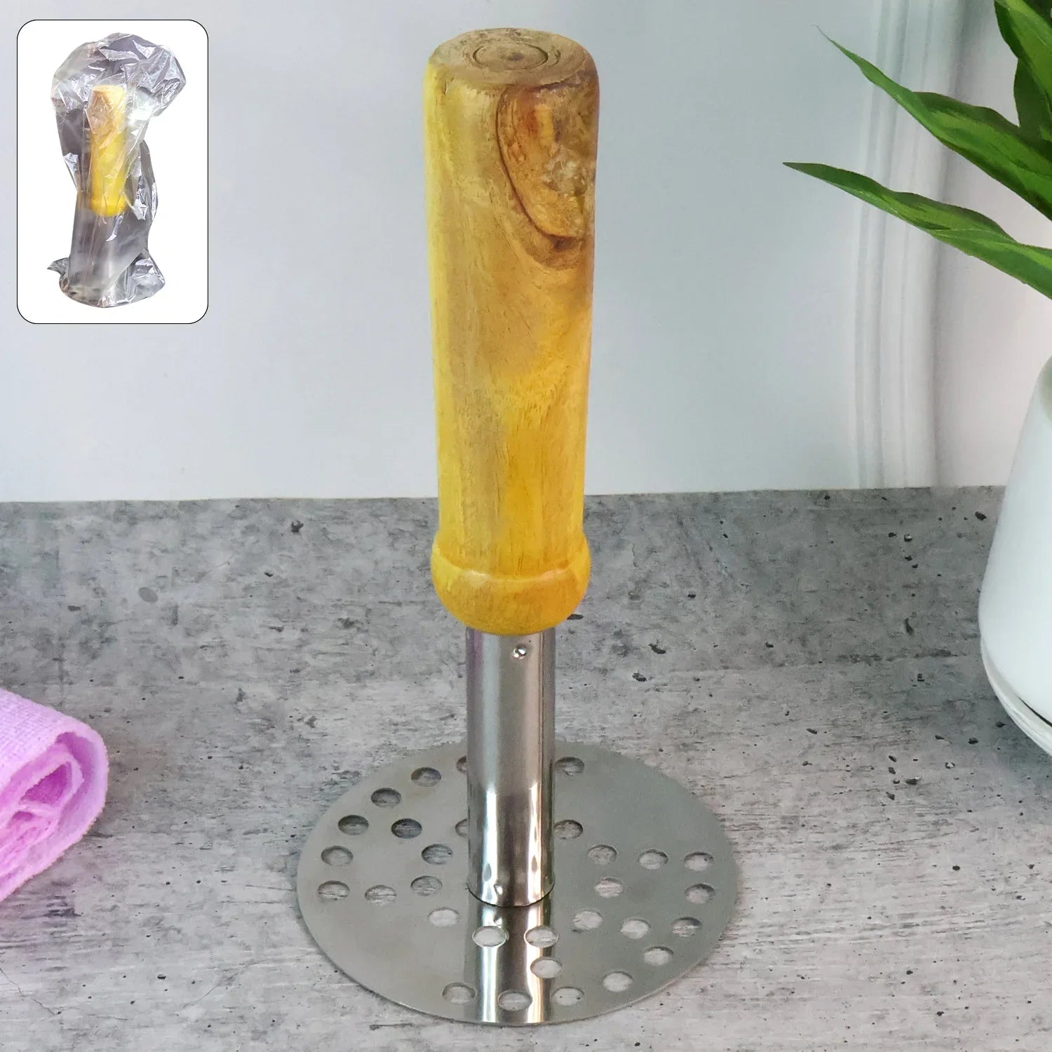 064 Stainless Steel Potato Masher Pav Bhaji Masher With Wooden Handle - Zidbik