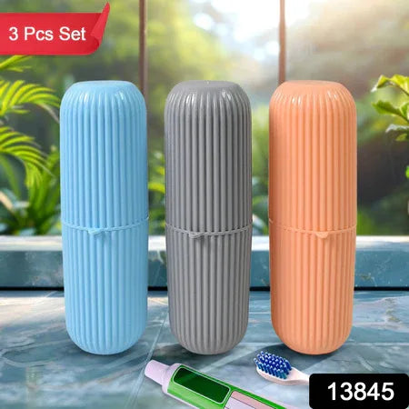 Capsule Shape Travel Toothbrush Toothpaste Case Holder (Multicolor 3 Pcs Set) - Zidbik