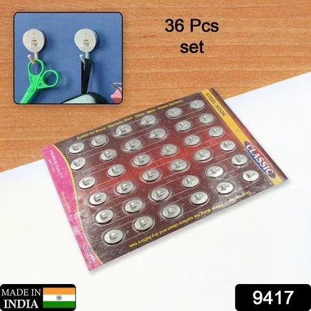 9417 Multipurpose Small Stainless Steel Wall Hanging Hook 36 Pc Self Adhesive Stainless Steel Heavy Duty Wall Hooks For Hanging Clothes Calender Bathroom Tiles Kitchen Key Hange (36 Pc Set) - Zidbik