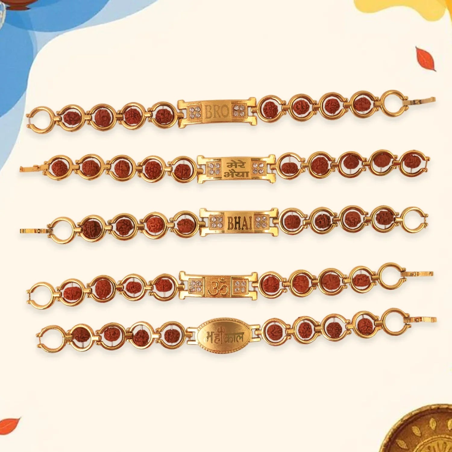 Gold Plated Designer Circular Bead Bracelet Rakhi For Brother (Mix Design 1 Pc) - Zidbik