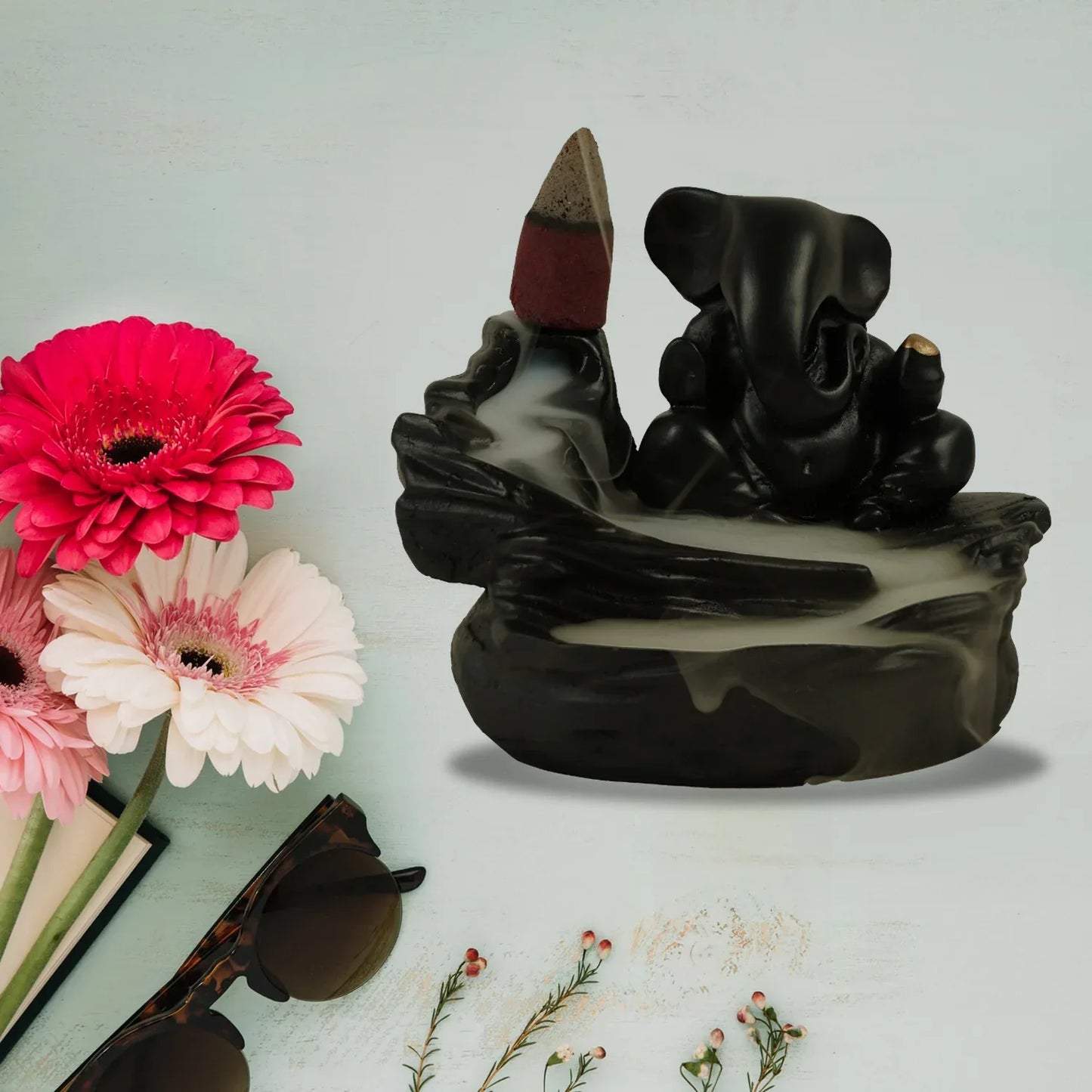 Smoke Fountain Ganesha Idol Decoration Items With 8 Pc Backflow Incense Cones Sticks (1 Pc) - Zidbik