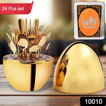 10010 Premium Cutlery Set 24 Pcs With Oval Shaped Stand  Beautiful Stylish Oval Designed Cutlery Sets Egg-shaped Luxury Spoon Holder Set (Golden  24 Pcs Set) - Zidbik