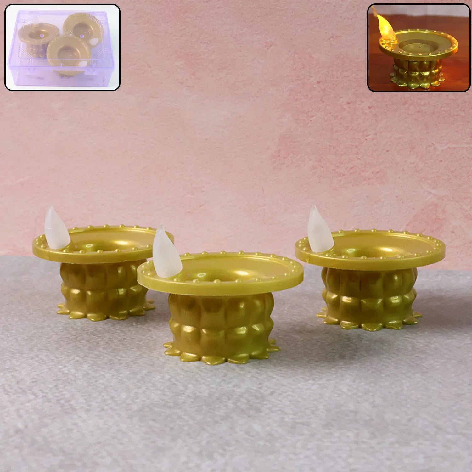 Set Of 3 Water Sensor Led Golden Diyas - Zidbik