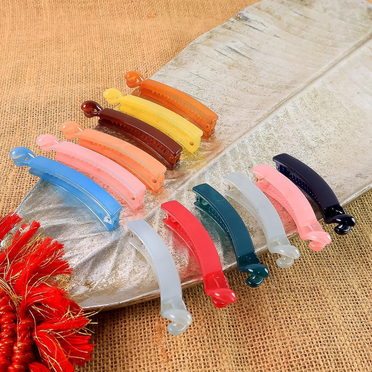 Multicolor Plastic Banana Hair Clips Set (12 Pc) - Zidbik