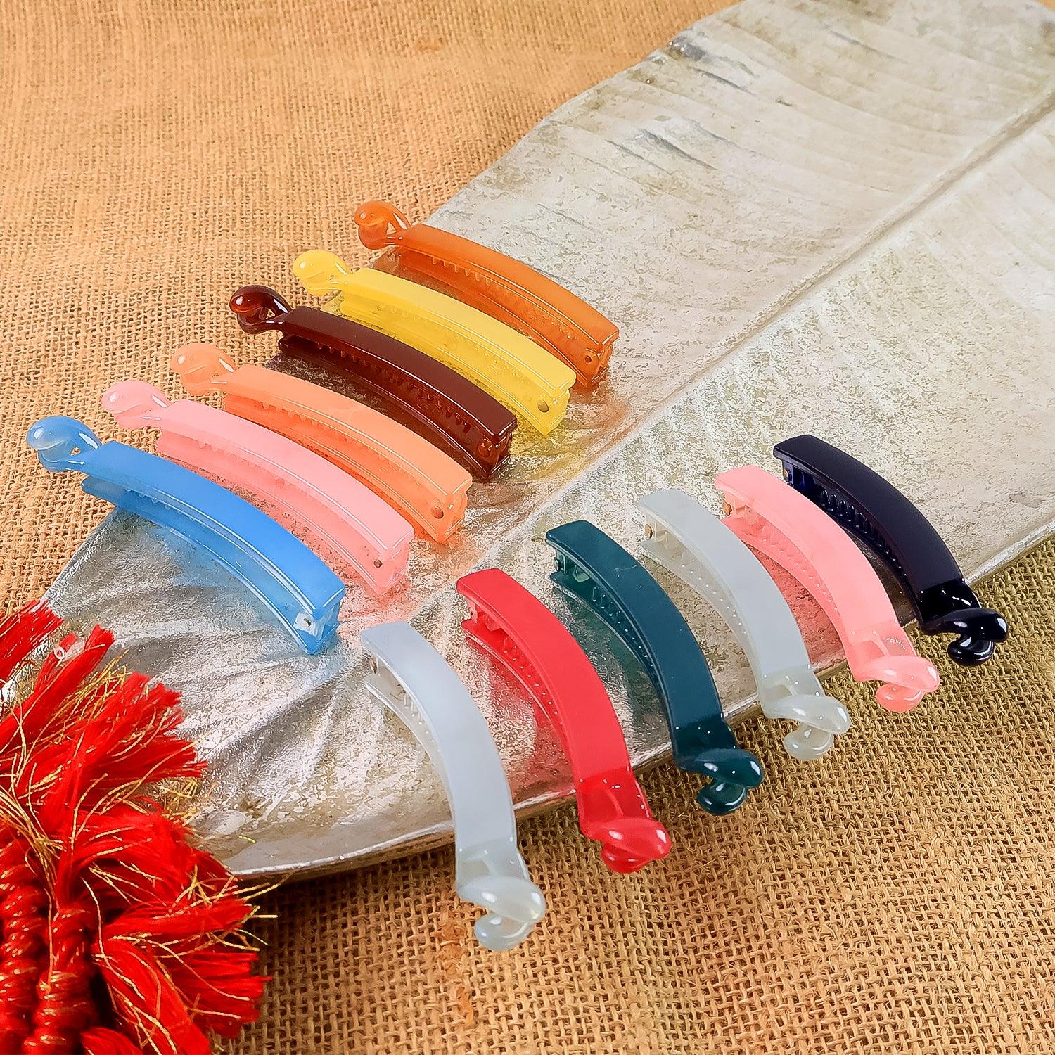 Multicolor Plastic Banana Hair Clips Set (12 Pc) - Zidbik