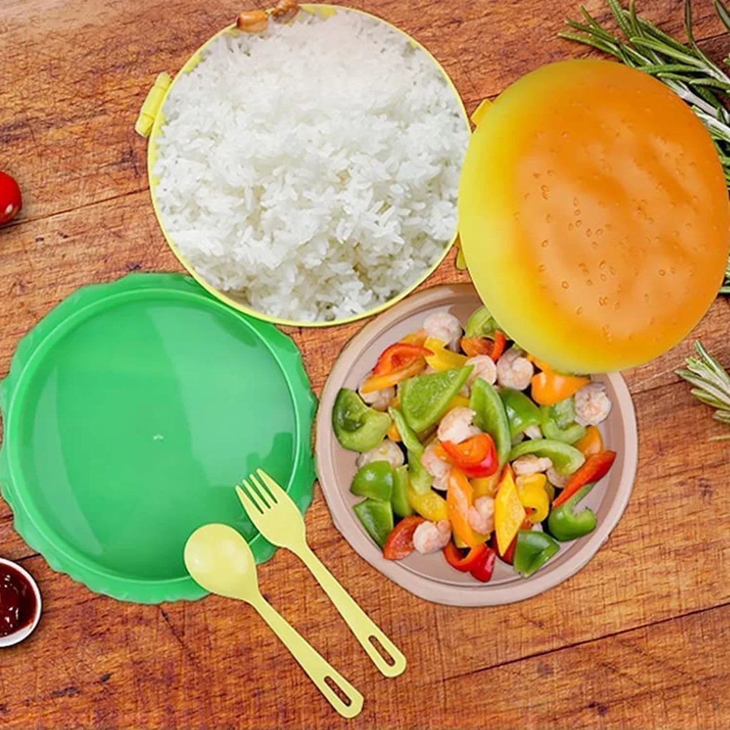 5313 Burger Shape Lunch Box Plastic Lunch Box Food Container Sets Double Layer Lunchbox 1000ml With 2 Spoon Applicable To Kids And Elementary School Students - Zidbik