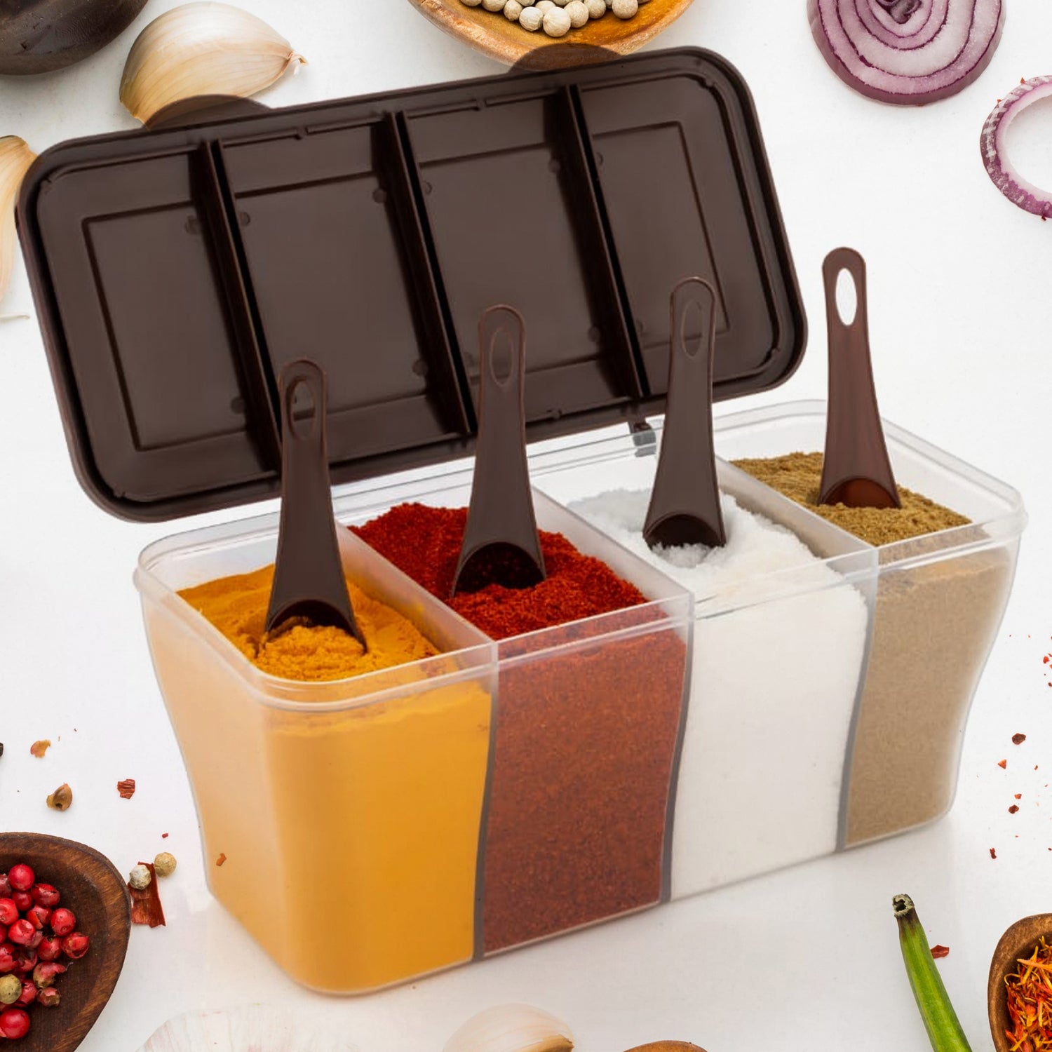 5578 Kitchen Multipurpose Air-tight 4 Sections Storage Containers  Pickle (Achar) Jar With 4 Spoon For Each Section (1 Pc  Mix Color) - Zidbik