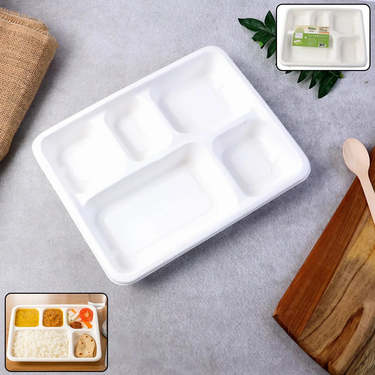5-compartment Rectangle Lunch Compostable Bagasse Plate 10 Pcs Pack - Zidbik