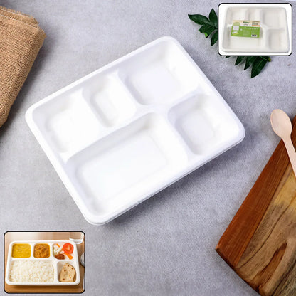 5-compartment Rectangle Lunch Compostable Bagasse Plate 10 Pcs Pack - Zidbik
