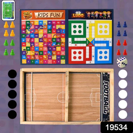 Wooden Board Game Set Ludo Snakes Ladders And Desktop Football (3-in-1) - Zidbik
