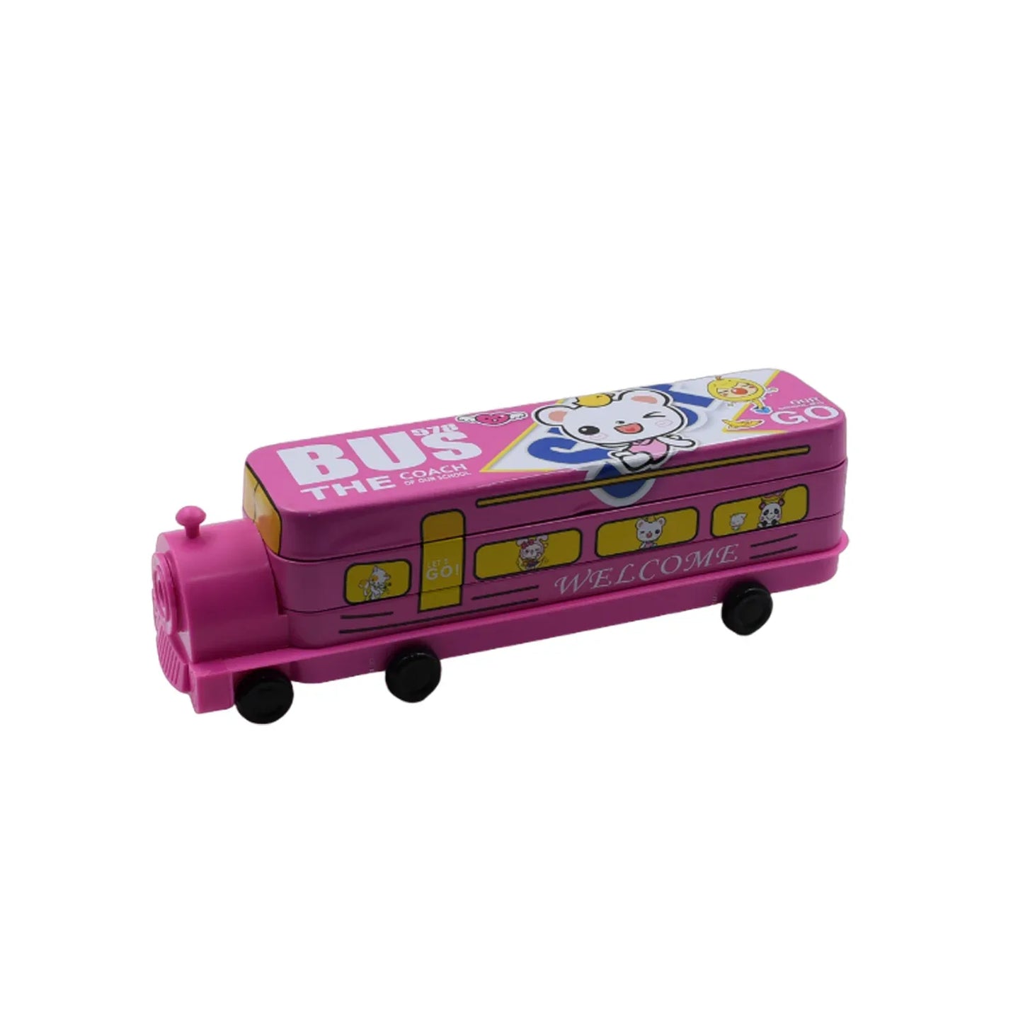 4672 Double Decker Magic Bus Compass 2 Layer Metal Bus Compass Pencil Case With Movable Wheels Sharpener Bus Shape With Tiers Metal Pencil Box For Kids Birthday Party - Zidbik