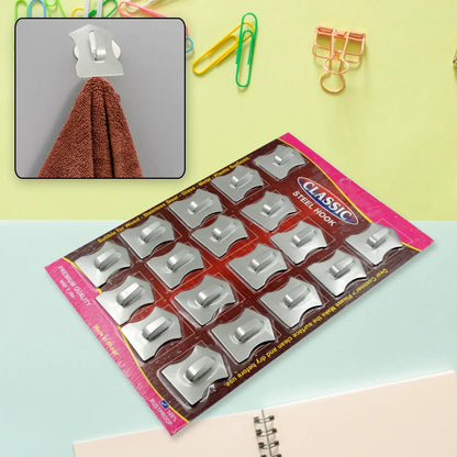 9416 Multipurpose Stainless Steel Wall Hanging Hook 18 Pc Self Adhesive Stainless Steel Heavy Duty Wall Hooks For Hanging Clothes Calender Bathroom Tiles Kitchen Key Hange (18 Pc Set) - Zidbik