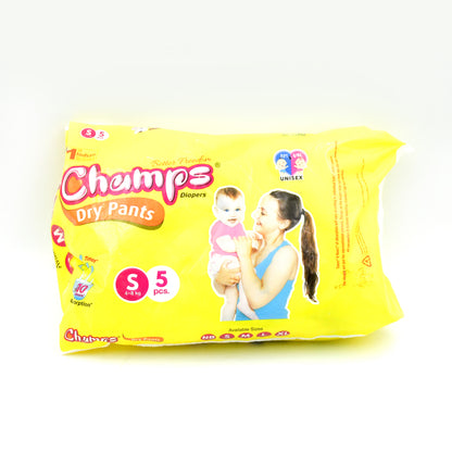 0968 Small  Champs Dry Pants Style Diaper- Small Best For Travel  Absorption Champs Baby Diapers Champs Soft And Dry Baby Diaper Pants (S5 Pcs ) - Zidbik