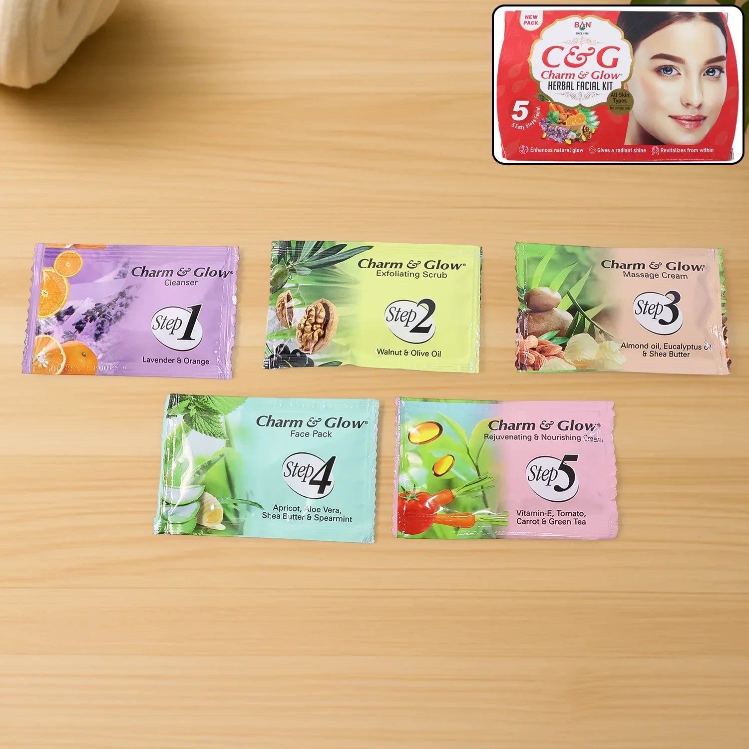 Charm Glow 5-step Herbal Facial Kit (1 Pc) - Zidbik