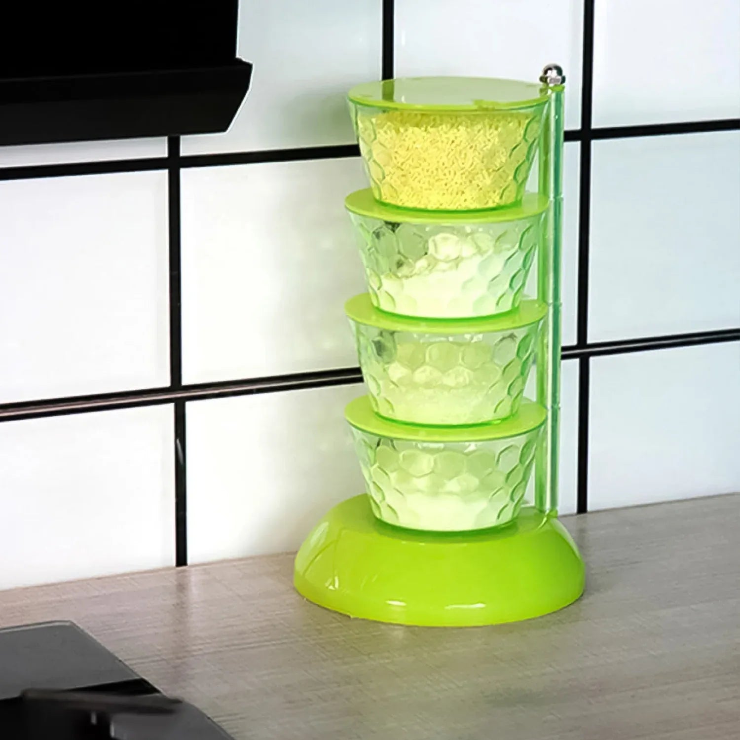 4 Section 360 Rotating Vertical Seasoning Box Plastic Pickle Tower Spice Rack (4 Layer With 4 Plastic Spoon 1 Set) - Zidbik