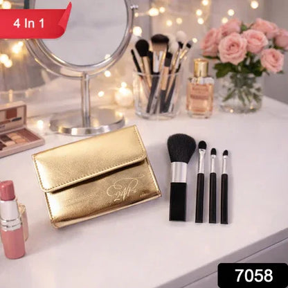 4 In 1 Professional Makeup Brush Set With Premium Storage Pouch (1 Pc) - Zidbik