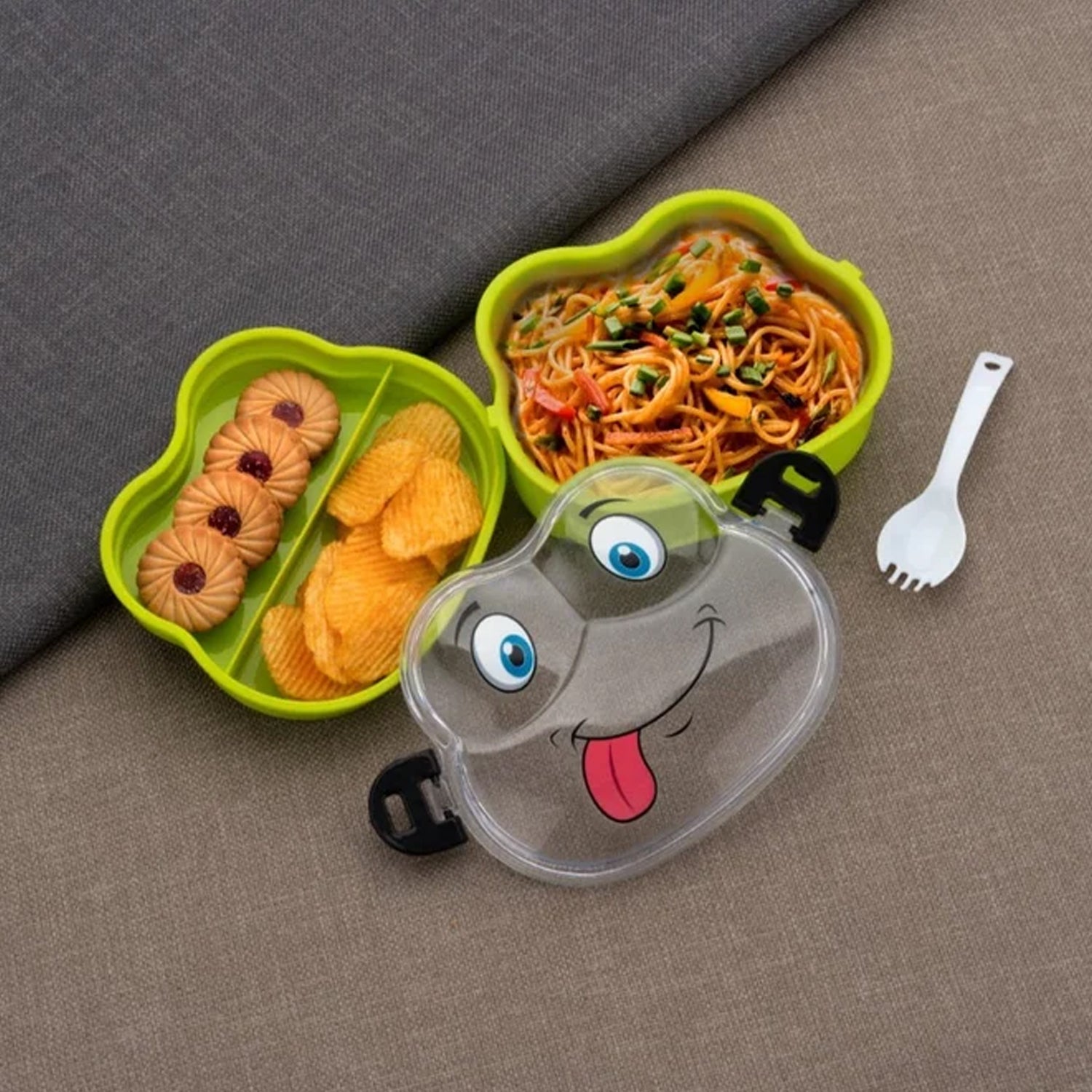Double Layer Froggy Shape Lunch Box With Spoon (1 Pc  Mix Color) - Zidbik