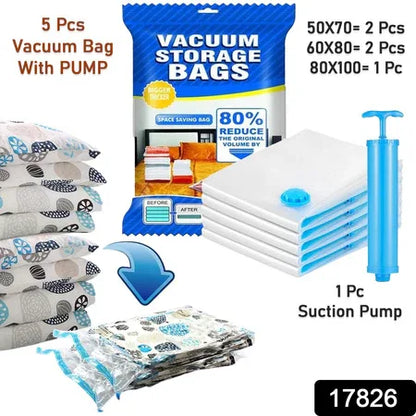 17826 Vacuum Storage Bags With Suction Pump Shirt Clips - Vacuum Bags - Big Capacity Vacuum Seal Bags For Travel Clothes Blankets Pillows Compression Bags Space Saver Vacuum Storage Bags (5 Pcs Set) - Zidbik