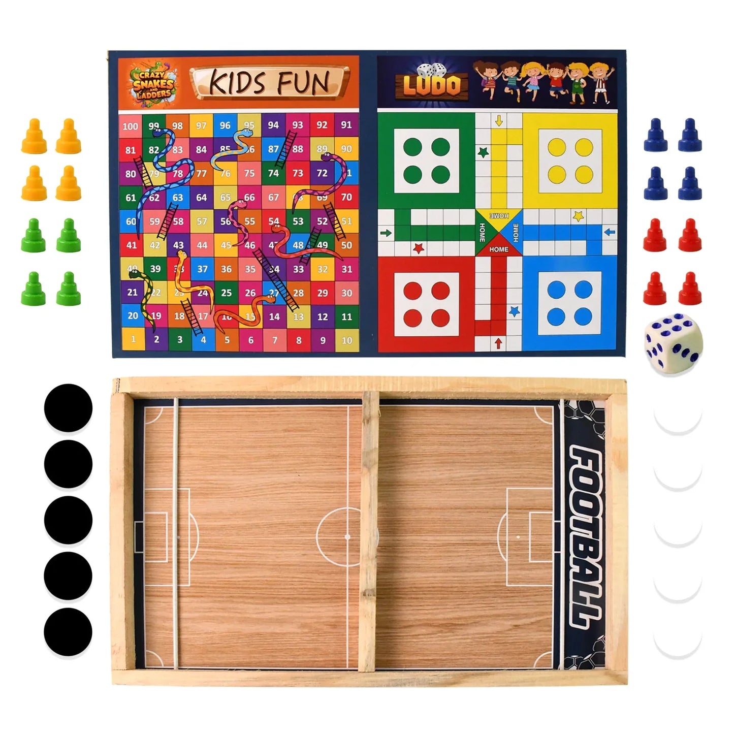 Wooden Board Game Set Ludo Snakes Ladders And Desktop Football (3-in-1) - Zidbik