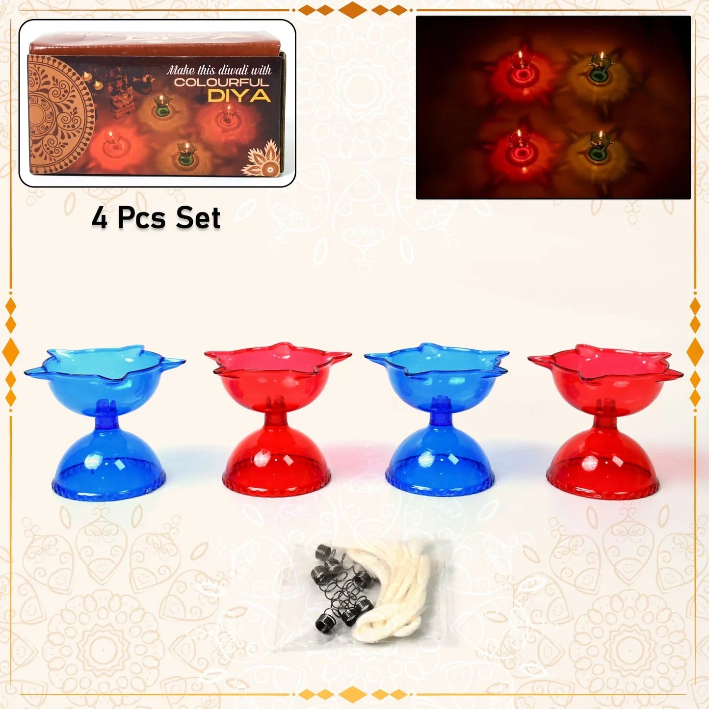 Colourful Reflection Diya Combo Plastic Candle Cup With Multi Shape (4 Pcs Set) - Zidbik