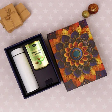 Effete Kesar Pista Almonds Gift Hamper Golden With Bottle (2 Pc Set) - Zidbik