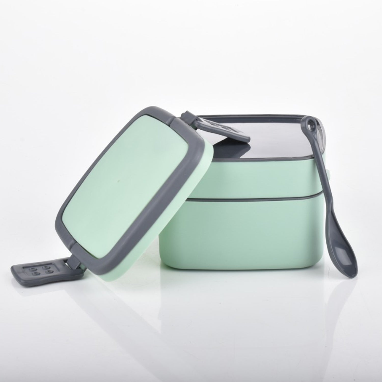 2860 Green Double-layer Portable Lunch Box Stackable With Carrying Handle And Spoon Lunch Box - Zidbik