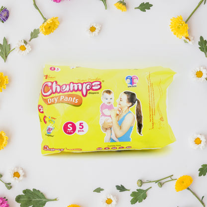 0968 Small  Champs Dry Pants Style Diaper- Small Best For Travel  Absorption Champs Baby Diapers Champs Soft And Dry Baby Diaper Pants (S5 Pcs ) - Zidbik