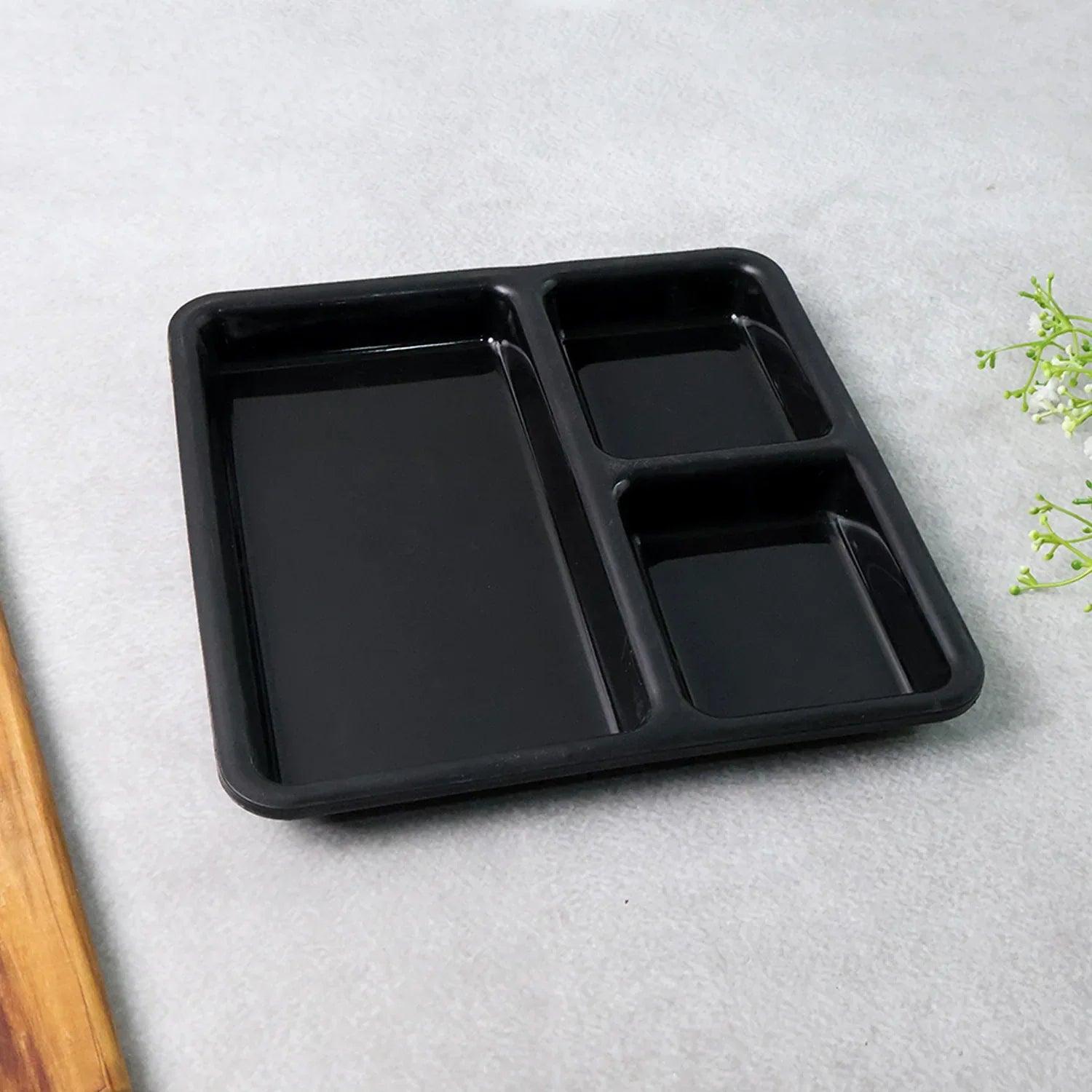 Plastic Multi-compartment Meal Serving Tray 3-section Rectangular Dining Plate (1 Pc Black) - Zidbik