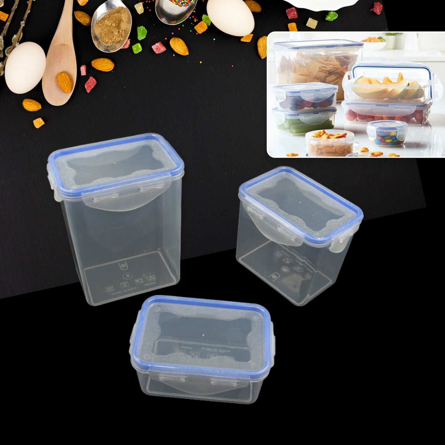5496  Kitchen Storage Container Set With Food Grade Plastic And Air Seal Lock Lid For Storage Of Grocery Spices Dry Fruits Use For Home Office Restaurant Canteens (3 Piece Set) - Zidbik