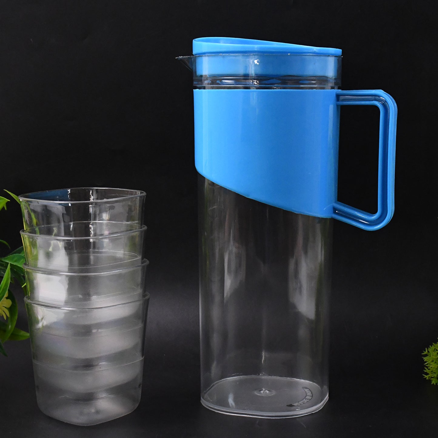 Transparent Stylish Premium Jug With Elegant Handle (2000 Ml Jug Approx  4 Pcs Plastic Glass) - Zidbik