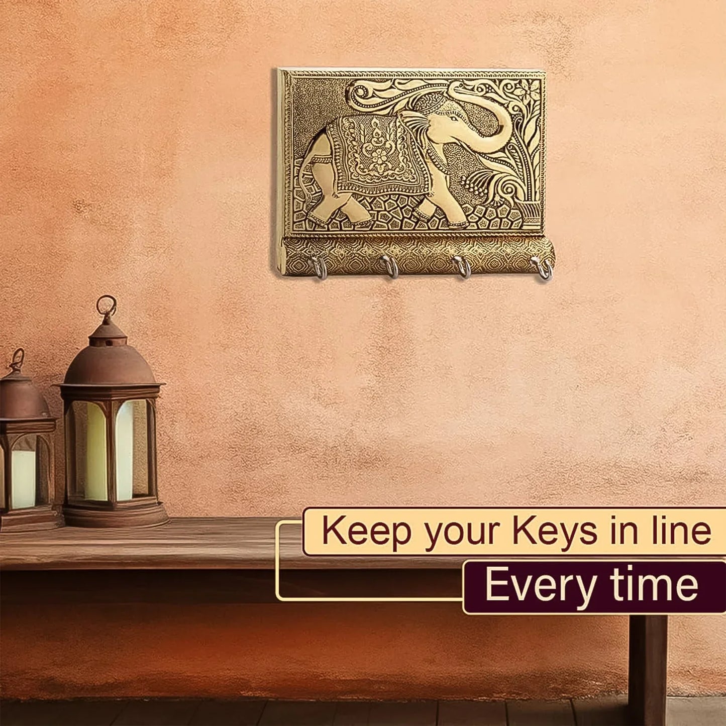 Wooden Key Holder For Home Decor Stylish Metal Gold Antique Elephant Design (1 Pc) - Zidbik