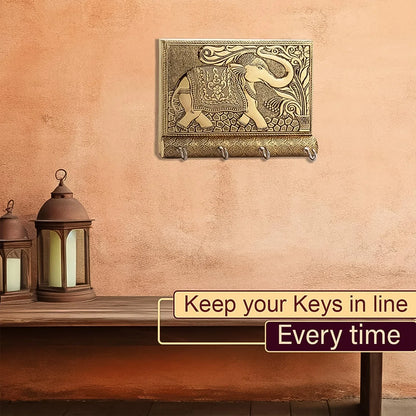 Wooden Key Holder For Home Decor Stylish Metal Gold Antique Elephant Design (1 Pc) - Zidbik
