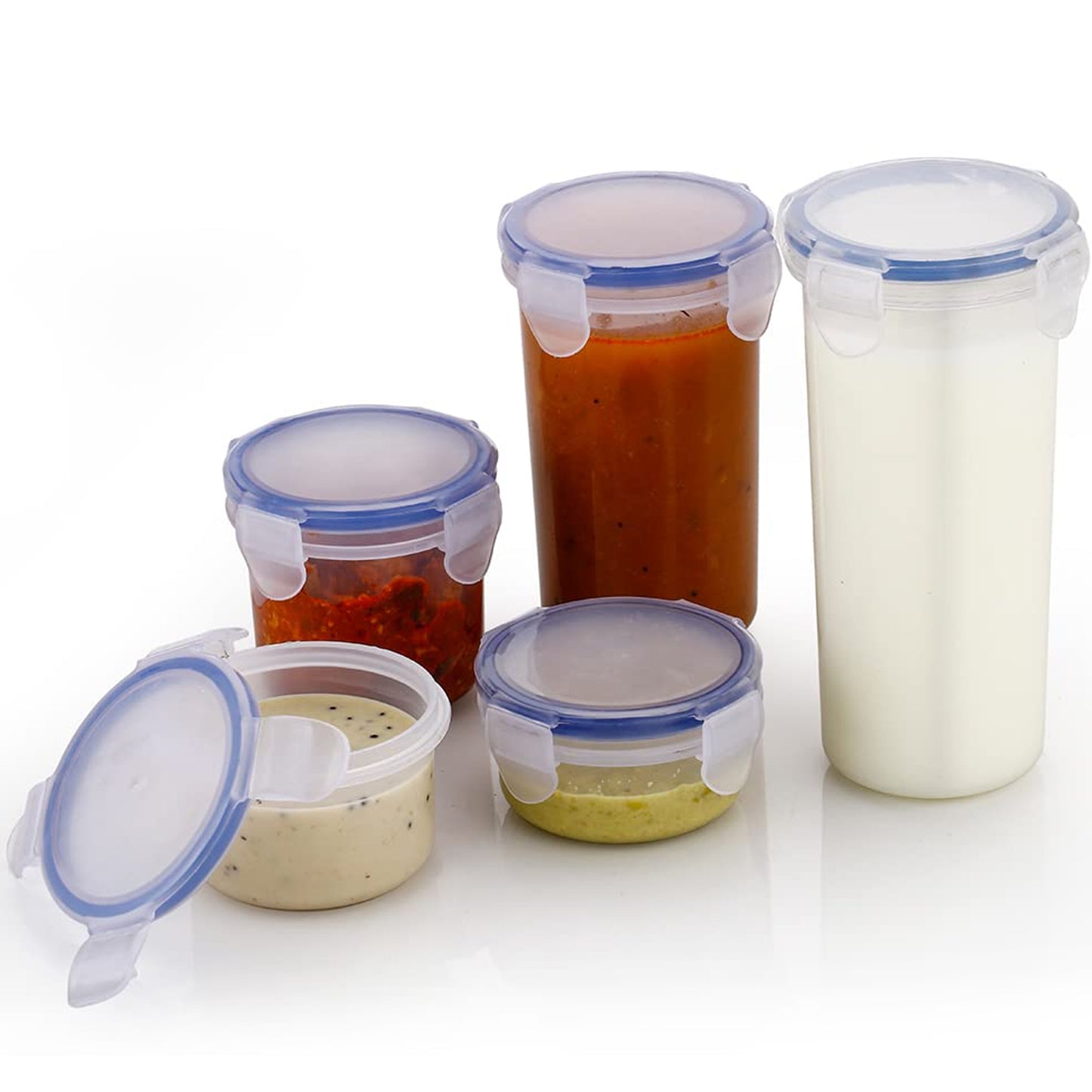 5830 Plastic Liquid Round Airtight Food Storage Container With Leak Proof Locking Lid Bpa Free Container For Kitchen 5 Pcs Set (Transparent  ( Approx Capacity 110 Ml160 Ml210 Ml400 Ml500 Ml) - Zidbik