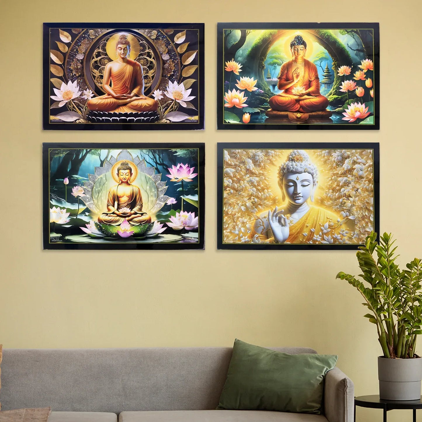 Decorative Lord Buddha Wall Painting With Wooden Frame Mix Design 45x30 Cm Approx (1 Pc) - Zidbik